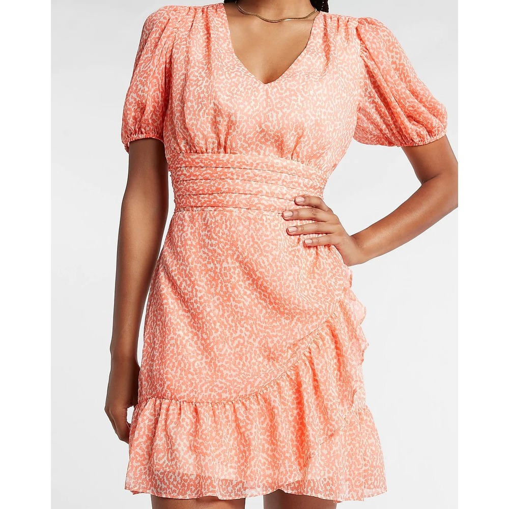 Express Printed Ruffle Wrap Puff Sleeve Dress in Orange Print Size XS
